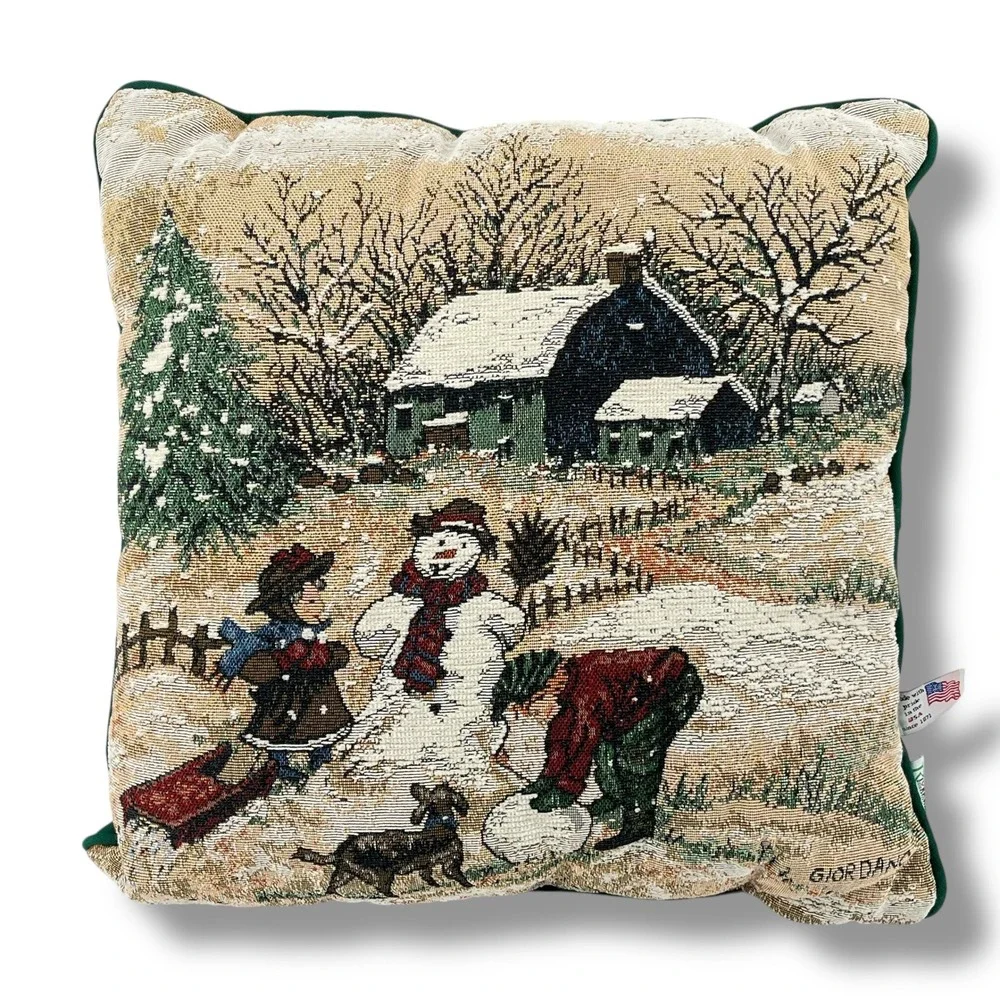 Giordano Riverdale Christmas Snowman Winter Scene Tapestry Pillow Made USA